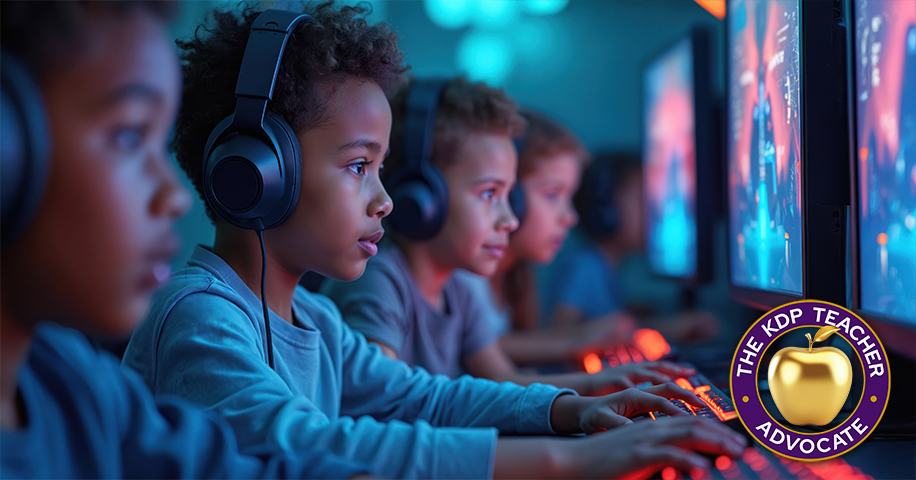 Children working on computers with headphones